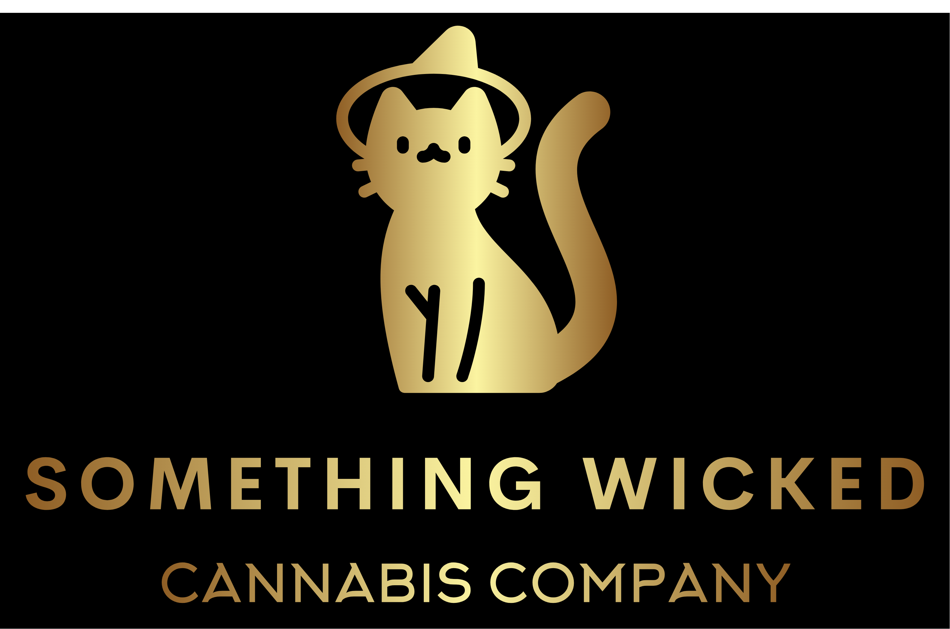 Logo with a black background and a gold cat with a witches hat. Below it says "Something Wicked Cannabis Company"